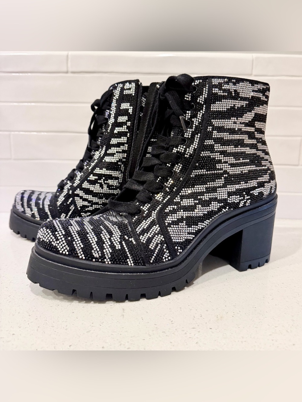 Gianni Bini Black and Silver Sequin Lace-Up Chunky Heel Ankle Boots - So Fun!